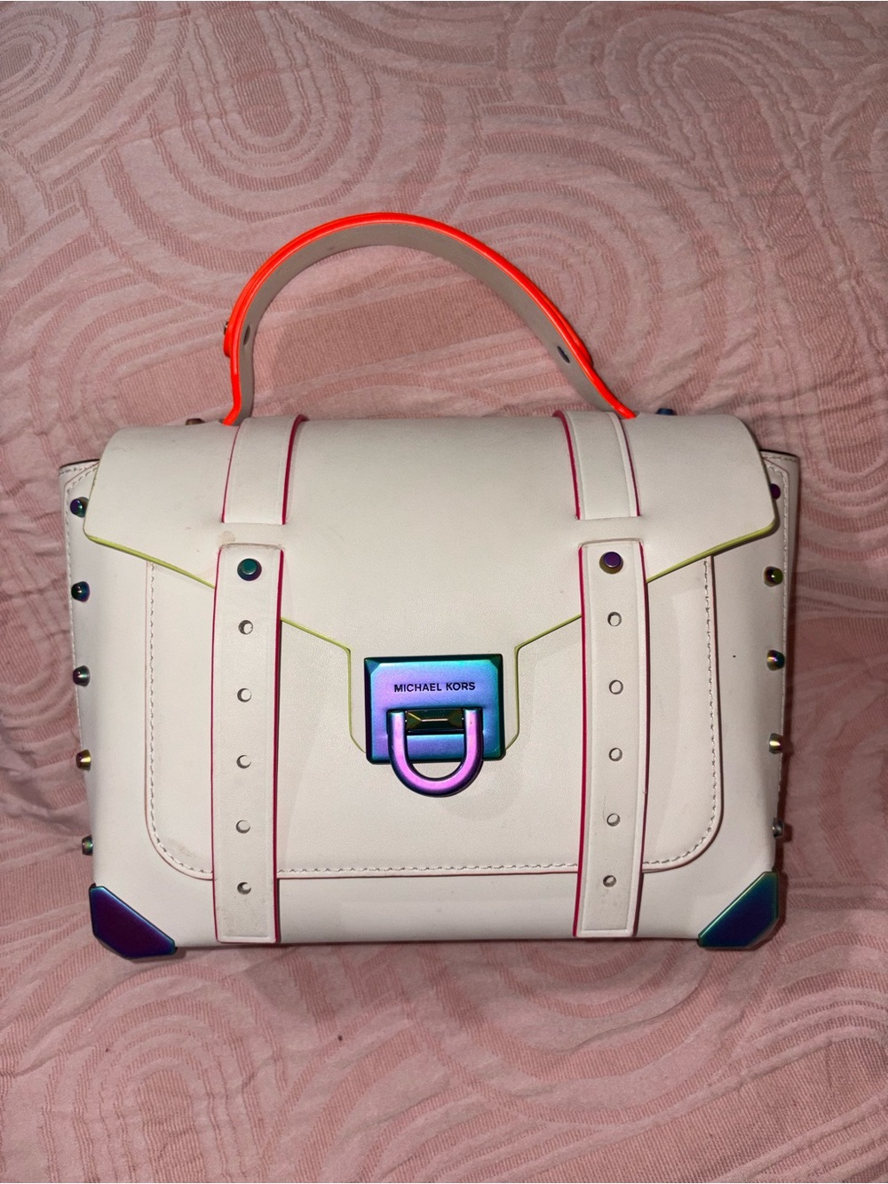 Michael Kors White Satchel with Neon Trim and Iridescent Hardware